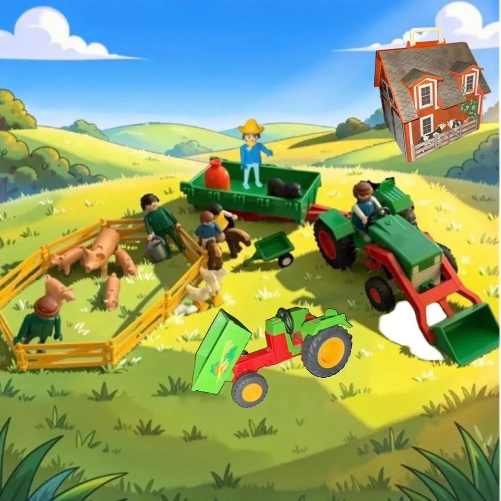 Vintage Playmobil Take Along Farm ‘77 Tractor & Trailer People  Kids & Animals